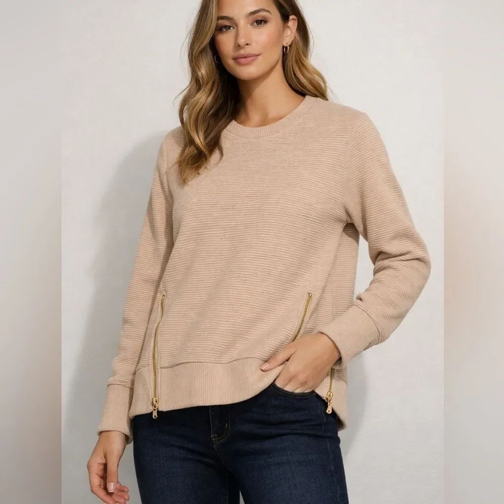 Addison Bay Everyday Crewneck Ribbed Pullover w/ Gold Zippers Beige XS